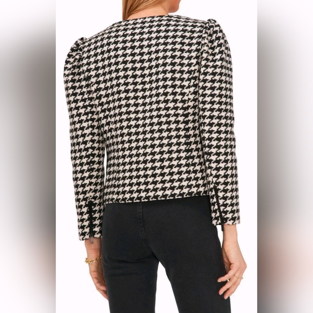 Vince Camuto NWT White/Black Houndstooth Puff Shoulder Moto Jacket Size 2X - Picture 2 of 14